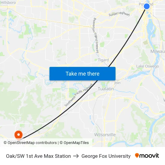 Oak/SW 1st Ave Max Station to George Fox University map