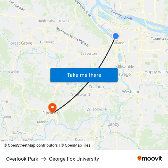Overlook Park to George Fox University map