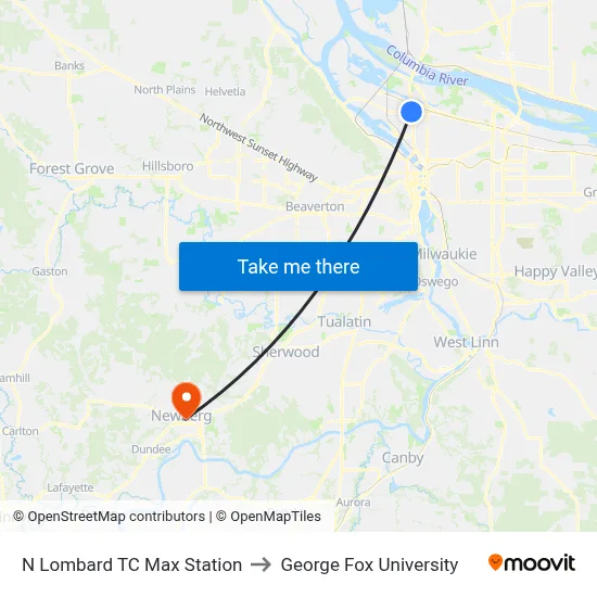 N Lombard TC Max Station to George Fox University map