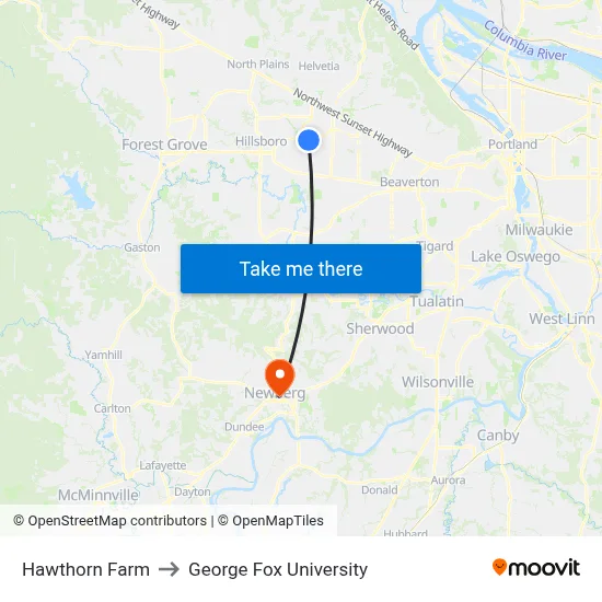Hawthorn Farm to George Fox University map