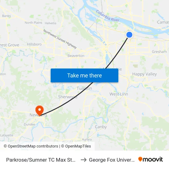 Parkrose/Sumner TC Max Station to George Fox University map