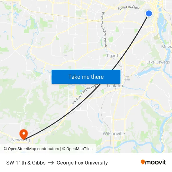 SW 11th & Gibbs to George Fox University map
