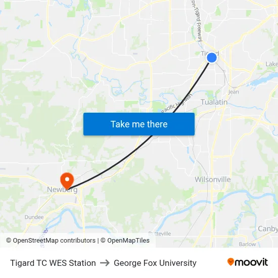 Tigard TC WES Station to George Fox University map
