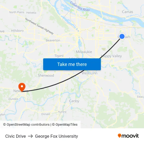 Civic Drive to George Fox University map