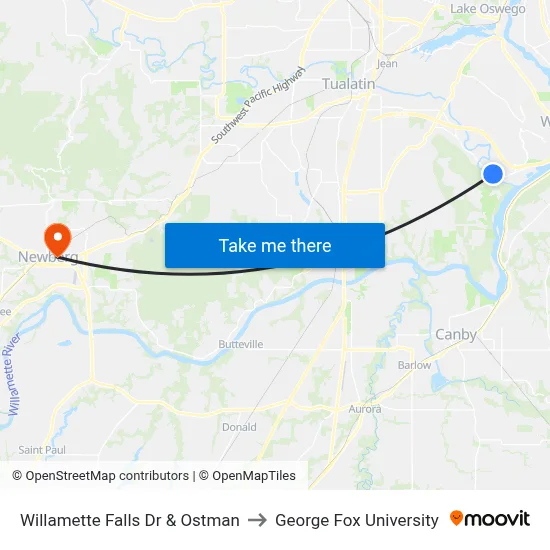 Willamette Falls Dr & Ostman to George Fox University map