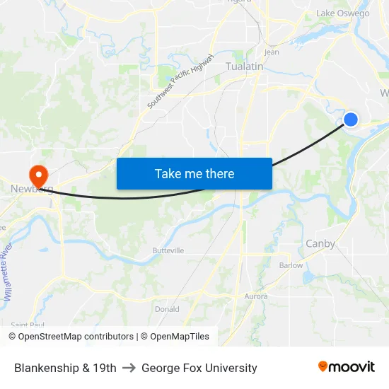 Blankenship & 19th to George Fox University map