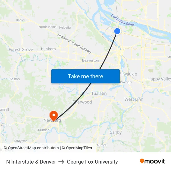 N Interstate & Denver to George Fox University map
