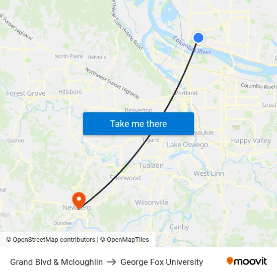 Grand Blvd & Mcloughlin to George Fox University map