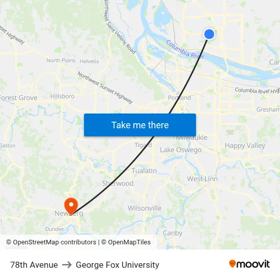 78th Avenue to George Fox University map