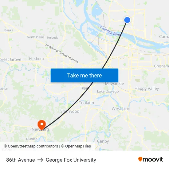 86th Avenue to George Fox University map