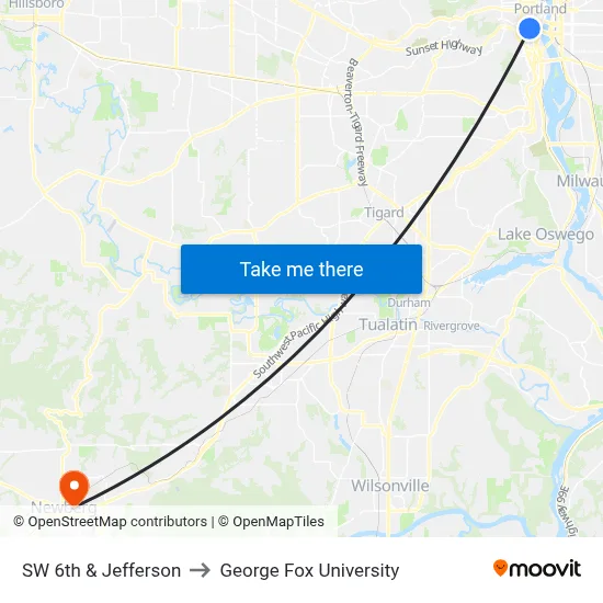 SW 6th & Jefferson to George Fox University map