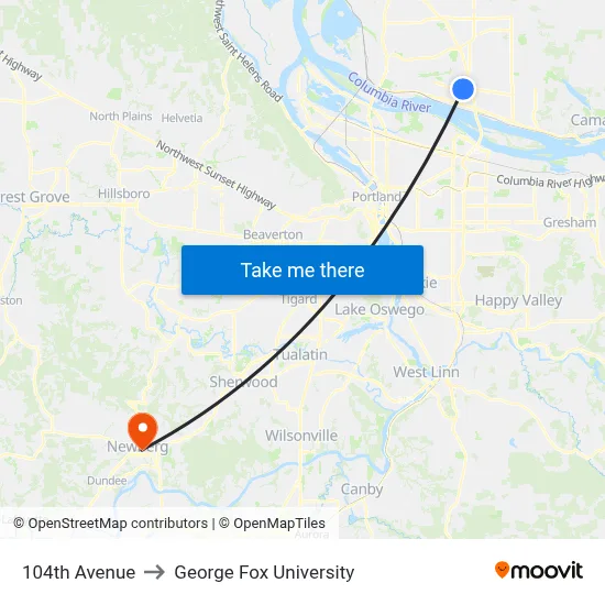 104th Avenue to George Fox University map