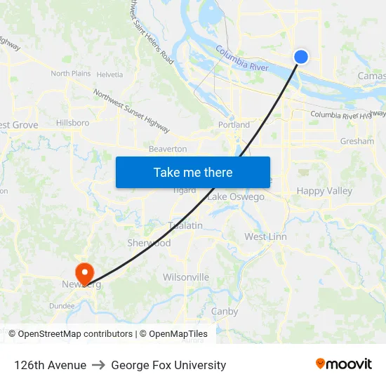 126th Avenue to George Fox University map