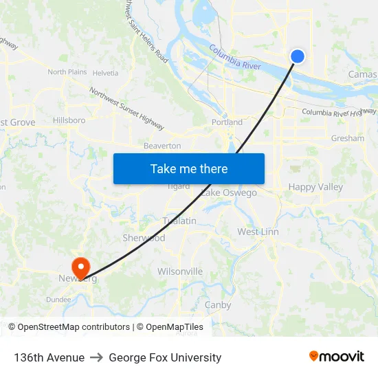 136th Avenue to George Fox University map