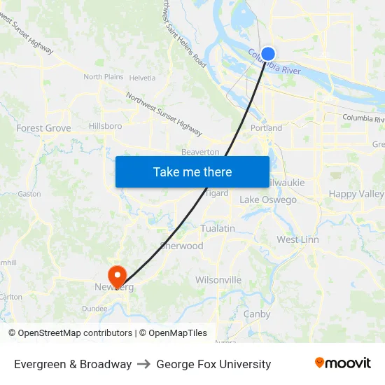 Evergreen & Broadway to George Fox University map
