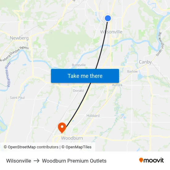 Wilsonville to Woodburn Premium Outlets map