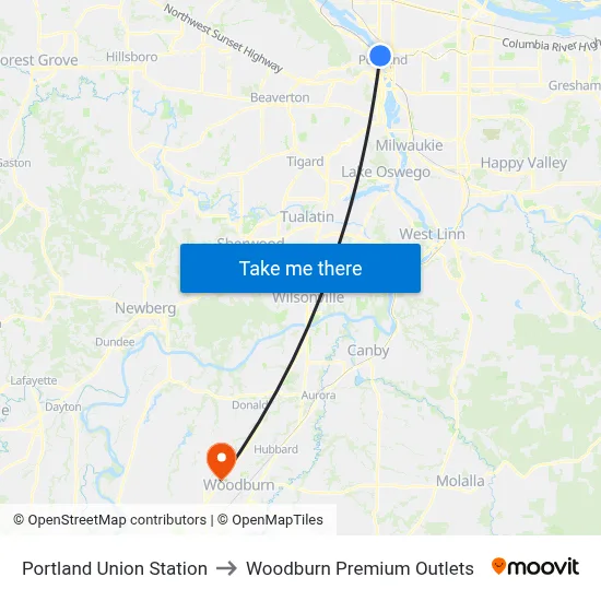Portland Union Station to Woodburn Premium Outlets map