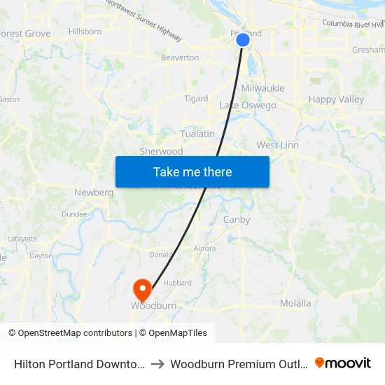 Hilton Portland Downtown to Woodburn Premium Outlets map