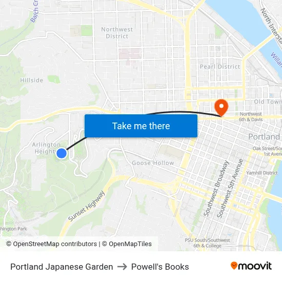 Portland Japanese Garden to Powell's Books map
