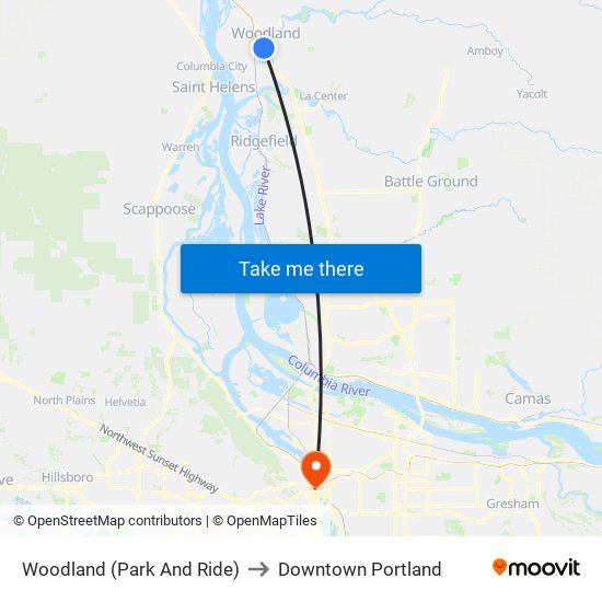 Woodland (Park And Ride) to Downtown Portland map