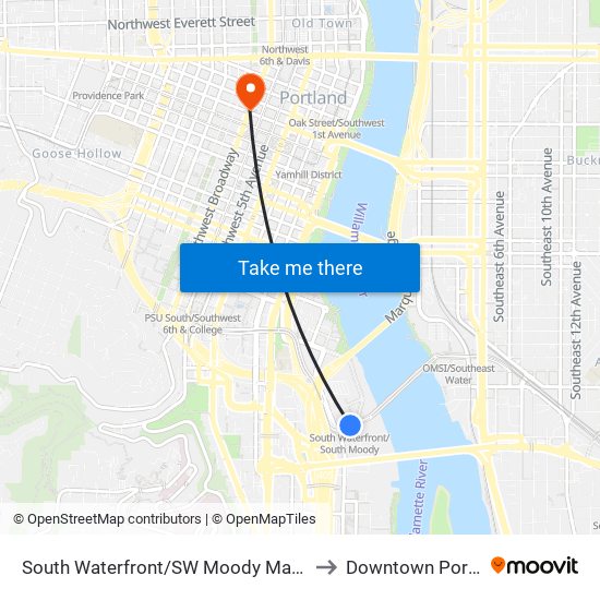 South Waterfront/SW Moody Max Station to Downtown Portland map