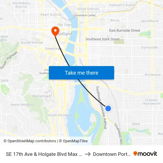 SE 17th Ave & Holgate Blvd Max Station to Downtown Portland map