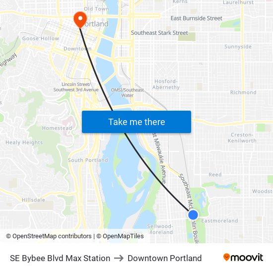 SE Bybee Blvd Max Station to Downtown Portland map