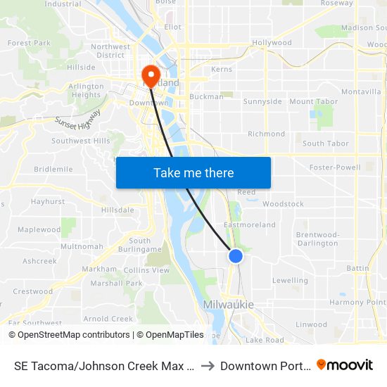 SE Tacoma/Johnson Creek Max Station to Downtown Portland map