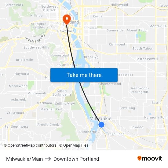 Milwaukie/Main to Downtown Portland map