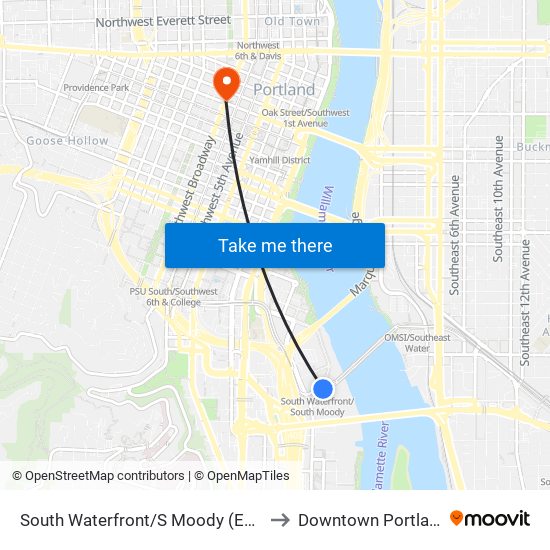 South Waterfront/S Moody (East) to Downtown Portland map