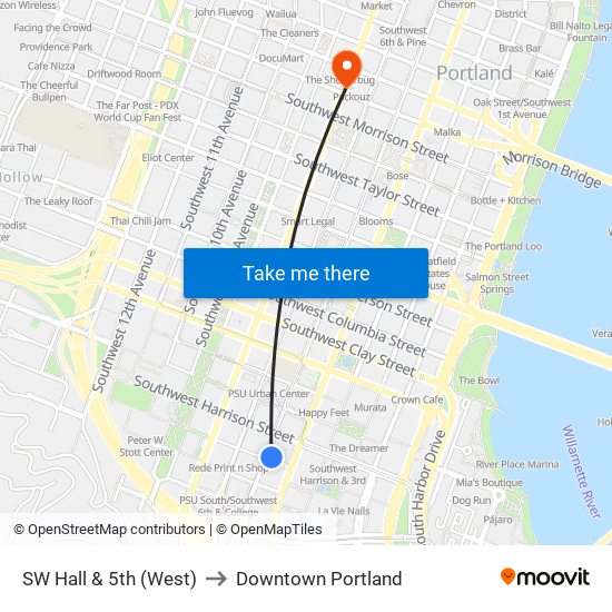 SW Hall & 5th (West) to Downtown Portland map
