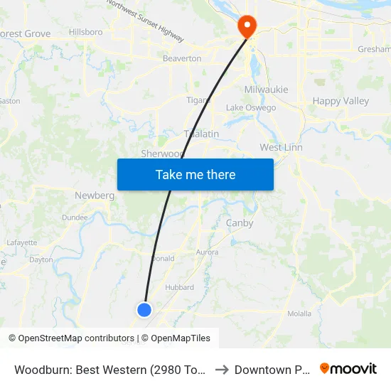 Woodburn: Best Western (2980 Tom Tennant Dr) to Downtown Portland map