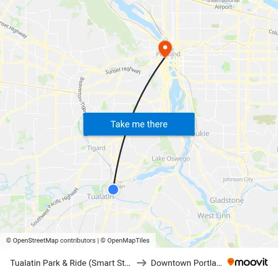 Tualatin Park & Ride (Smart Stop) to Downtown Portland map