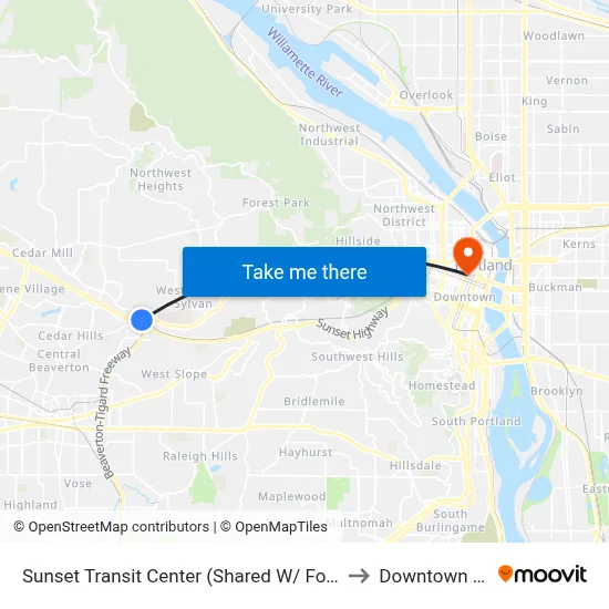 Sunset Transit Center (Shared W/ Forest Heights Shuttle) to Downtown Portland map
