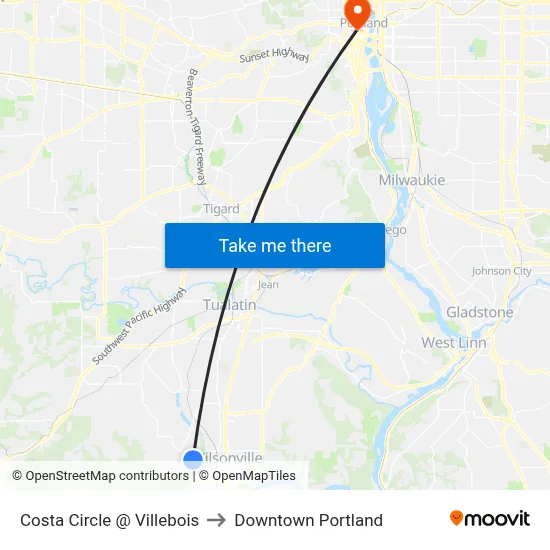 Costa Circle @ Villebois to Downtown Portland map