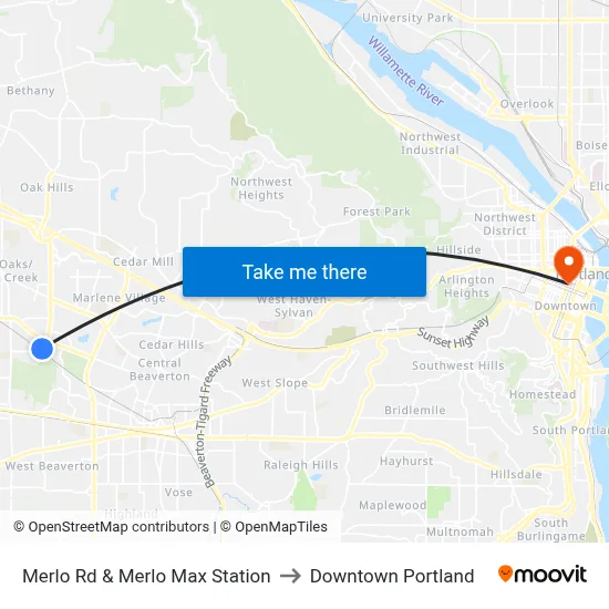 Merlo Rd & Merlo Max Station to Downtown Portland map