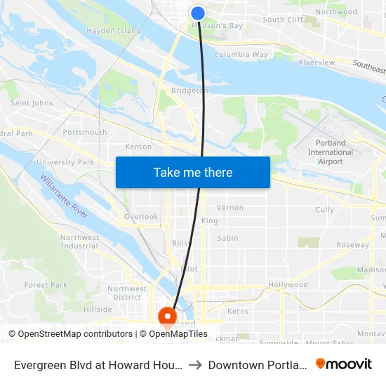 Evergreen Blvd at Howard House to Downtown Portland map