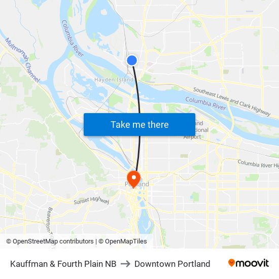 Kauffman & Fourth Plain NB to Downtown Portland map