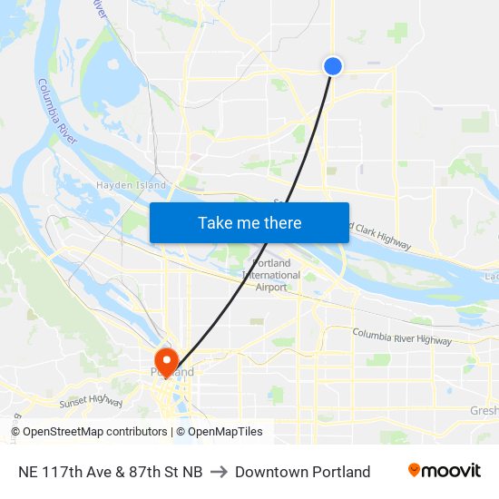 NE 117th Ave & 87th St NB to Downtown Portland map