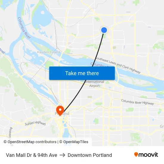 Van Mall Dr & 94th Ave to Downtown Portland map