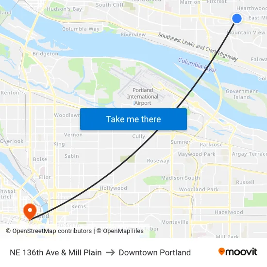 NE 136th Ave & Mill Plain to Downtown Portland map