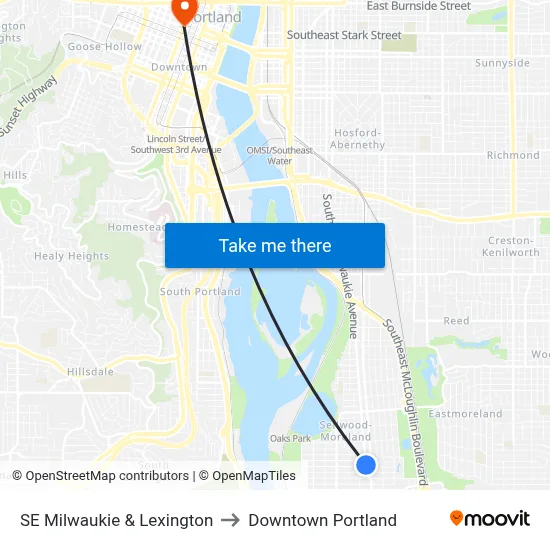 SE Milwaukie & Lexington to Downtown Portland map