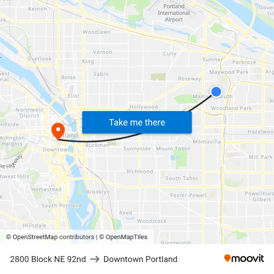2800 Block NE 92nd to Downtown Portland map