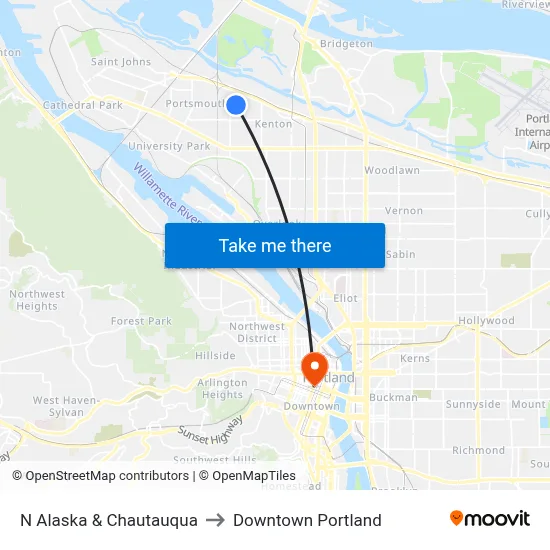 N Alaska & Chautauqua to Downtown Portland map