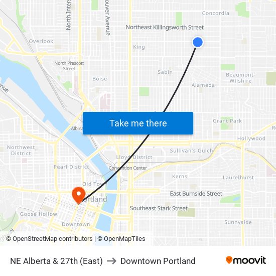 NE Alberta & 27th (East) to Downtown Portland map