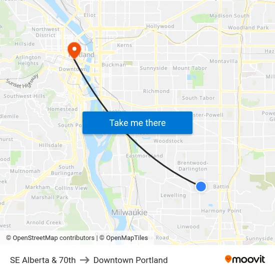 SE Alberta & 70th to Downtown Portland map