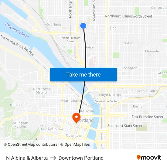 N Albina & Alberta to Downtown Portland map