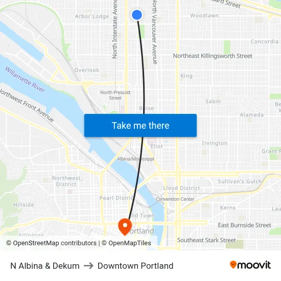 N Albina & Dekum to Downtown Portland map