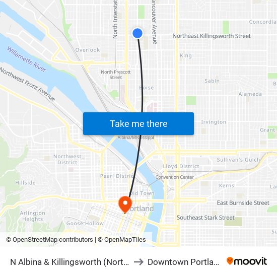 N Albina & Killingsworth (North) to Downtown Portland map