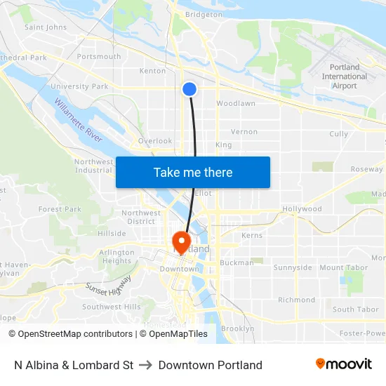 N Albina & Lombard St to Downtown Portland map